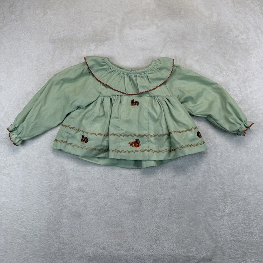 Smockingbird Girls Thanksgiving Turkey Embroidered Top Green 9 Months